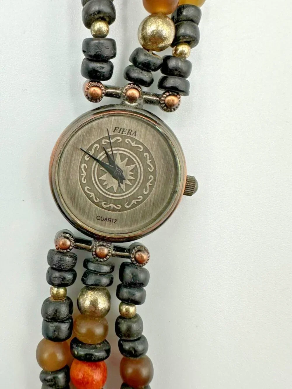 3/$30 Fiera Watch Women Brass Tone Black Beaded Wooden Band New Battery 6.5”